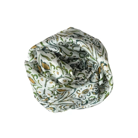 Hermelinfehér alapon szaharasárga és angolzöld mintás 100% valódi hernyóselyem sál 50x180 cm