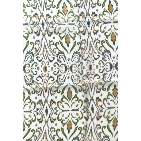 Hermelinfehér alapon szaharasárga és angolzöld mintás 100% valódi hernyóselyem sál 50x180 cm
