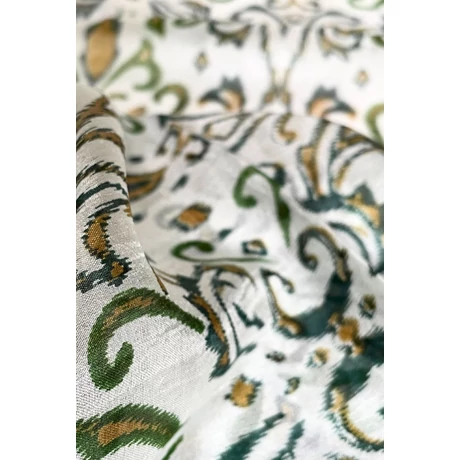 Hermelinfehér alapon szaharasárga és angolzöld mintás 100% valódi hernyóselyem sál 50x180 cm