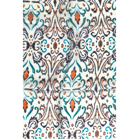 Habfehér alapon türkizkék, párizsikék és tűzliliom színű mintás 100% valódi hernyóselyem sál 50x180 cm