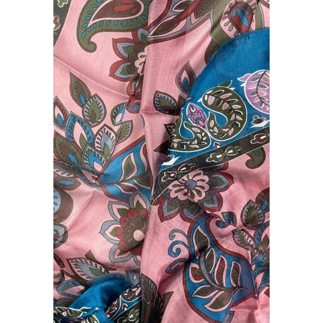 Denimkék keretben virágmintás 100% valódi hernyóselyem sál 100x180 cm