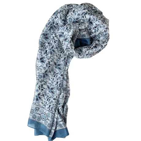 Angolkék bordűrös paisley mintás 100% valódi hernyóselyem sál 100x180 cm