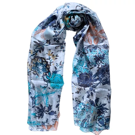Hermelinfehér alapon mintás 100% valódi hernyóselyem sál 100x180 cm
