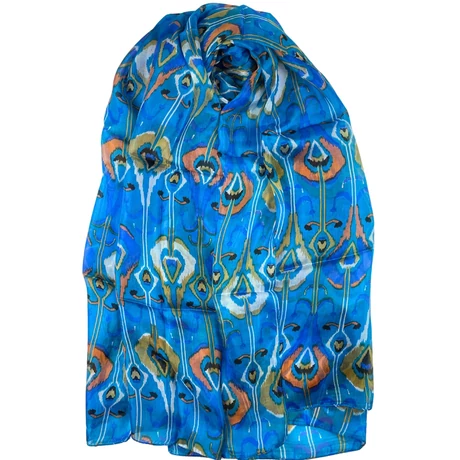 Cölinkék alapon mintás 100% valódi hernyóselyem sál 100x180 cm