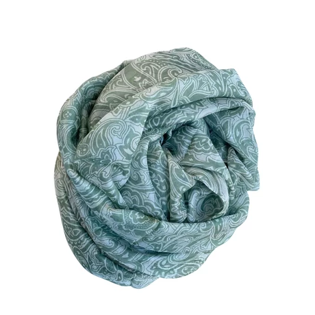 Harmatfehér alapon jadezöld mintás 100% valódi hernyóselyem sál 100x180 cm