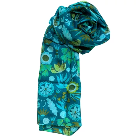 Amazonaszöld alapon mintás 100% valódi hernyóselyem sál 100x180 cm