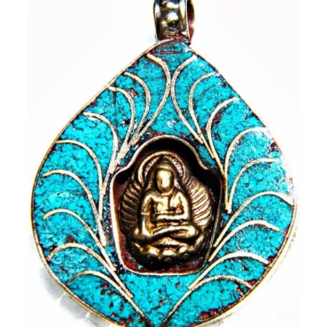 Eredeti tibeti buddhista réz buddha medál türkizzel, bodhifa levélen